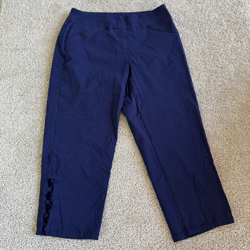 Alia Capri Pants Womens 12 Blue Twill Tapered Pull On Bow Hem Stretch Casual
